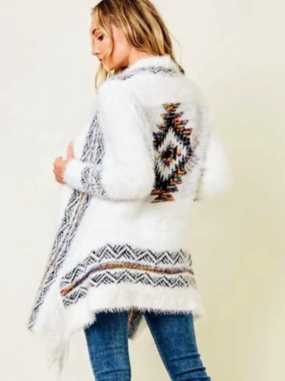 Northern Angel Woman's Aztec Tribal Western Fuzzy Open-front Sweater Sz Med
